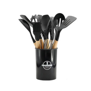 Set de utensilios de silicona con mango de madera color negro para cocina
