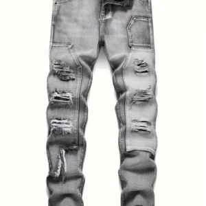 Jeans Rasgados con Flecos en Gris Claro para Hombre