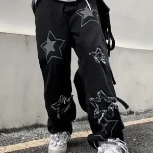 Y2K Pantalones de Mezclilla Holgados Rectos para Hombre con Estampado, Estilo Streetwear