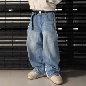 Vaqueros anchos vintage lavados para hombre con rayas blancas de contraste