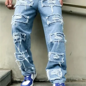Pantalones de Hombre Vintage Desgastados con Dobladillo Deshilachado Imitación Denim
