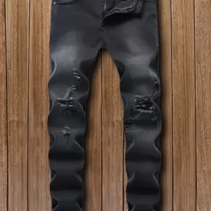 Jeans Elásticos de Pierna Recta Perforada para Hombre  LONGBlDA
