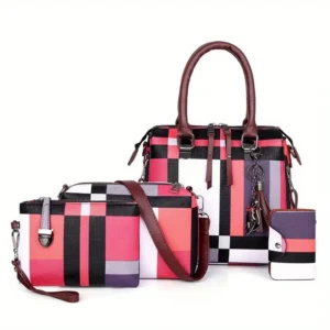 4 Piezas de Bolso de Mujer Casual a Cuadros, Bolso de Mano Retro Versátil