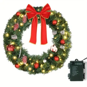 Corona de PVC preensamblada de 24-36 pulgadas con lazo, que cuenta con 50-100 luces LED blanca