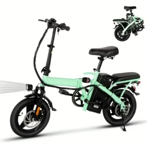 Bicicleta eléctrica plegable verde, motor potente, neumáticos de 14 pulgadas, 48V 500W