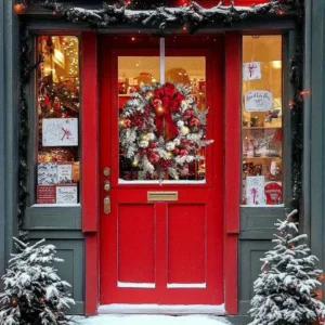 Corona Navideña LED a Batería con 20 Luces Cálidas, Lazo Rojo y Piñas Doradas