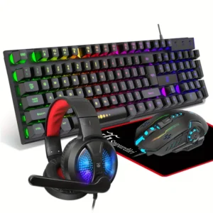 Teclado y ratón para Sets, auriculares, alfombrilla de ratón, combo todo en uno para jugadores de PC y usuarios de Xbox y PS4 solo para uso con cable