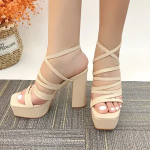 Sandalias de tacón cuadrado abierto con tiras, sandalias de tacón alto con correa al tobillo para bodas