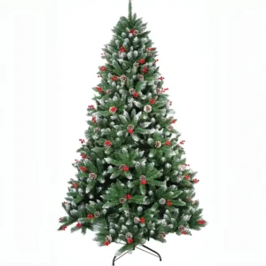 Arbol de Navidad artificial con nieve de 5/6/7 pies con piñas y bayas rojas