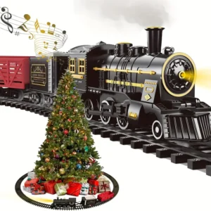 Juego de trenes de juguete, tren de árbol de Navidad con vapor