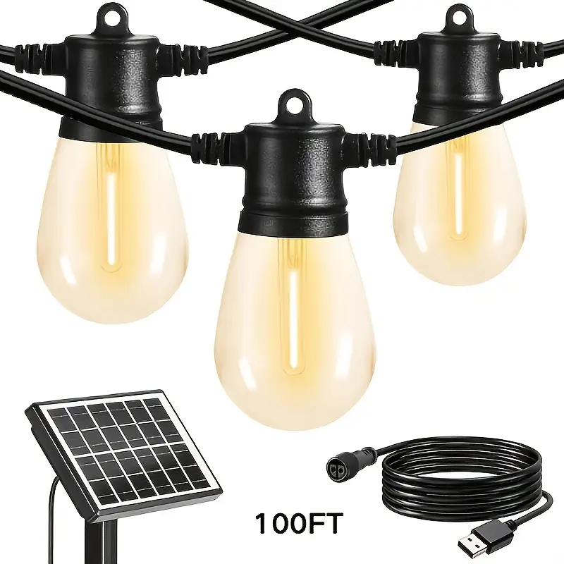 Luces Solares de 100 Pies Recargables por USB, Luces de Exterior con Bombillas LED S14