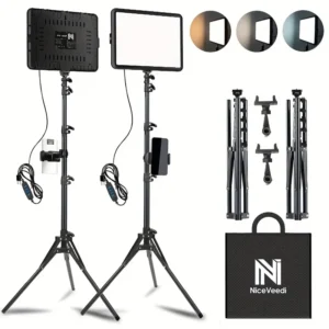 Kit de Video LED NiceVeedi 2-Pack: Iluminación Profesional para Fotografía y Video con Trípode y Soporte para Teléfono, 2800-6500K