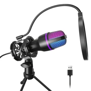Micrófono gaming RGB con trípode y filtro anti-pop, calidad de estudio, USB para Twitch, YouTube, Discord y reuniones
