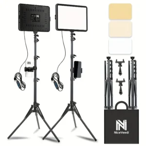 Kit de Video LED NiceVeedi 2-Pack: Iluminación Profesional para Fotografía y Video con Trípode y Soporte para Teléfono, 2800-6500K