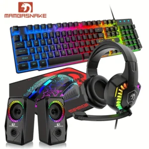 Teclado de Juego MAMBASNAKE con Cable de 104 Teclas, Ratón, Auriculares y Altavoz 5 en 1