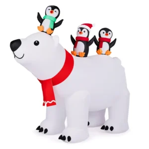 Oso Polar Inflable Gigante de 5 Pies con 3 Pingüinos y Gorro Navideño