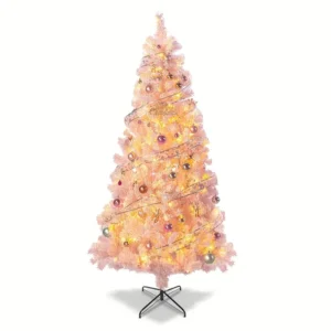 Árbol de Navidad rosado Artificial Preiluminado, Árbol Flockeado con Nieve y Luces LED,