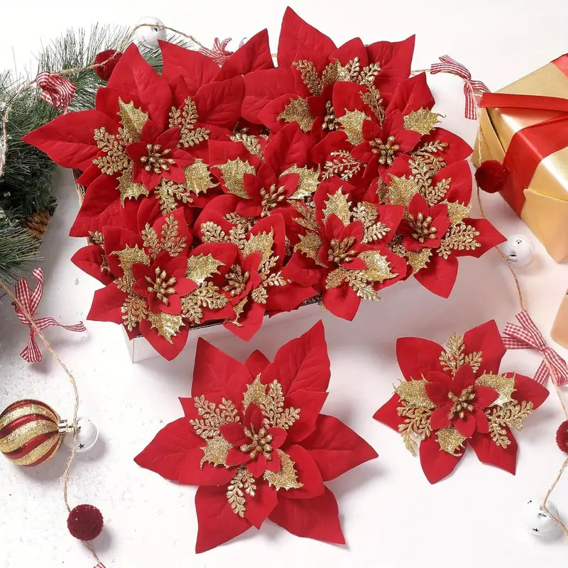 24 piezas de flores de Navidad artificiales de Poinsettia ALUPSSUC, 6" y 9"