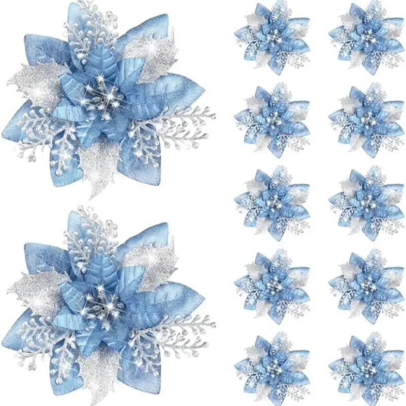 20 piezas de flores artificiales de poinsettia brillantes con clips