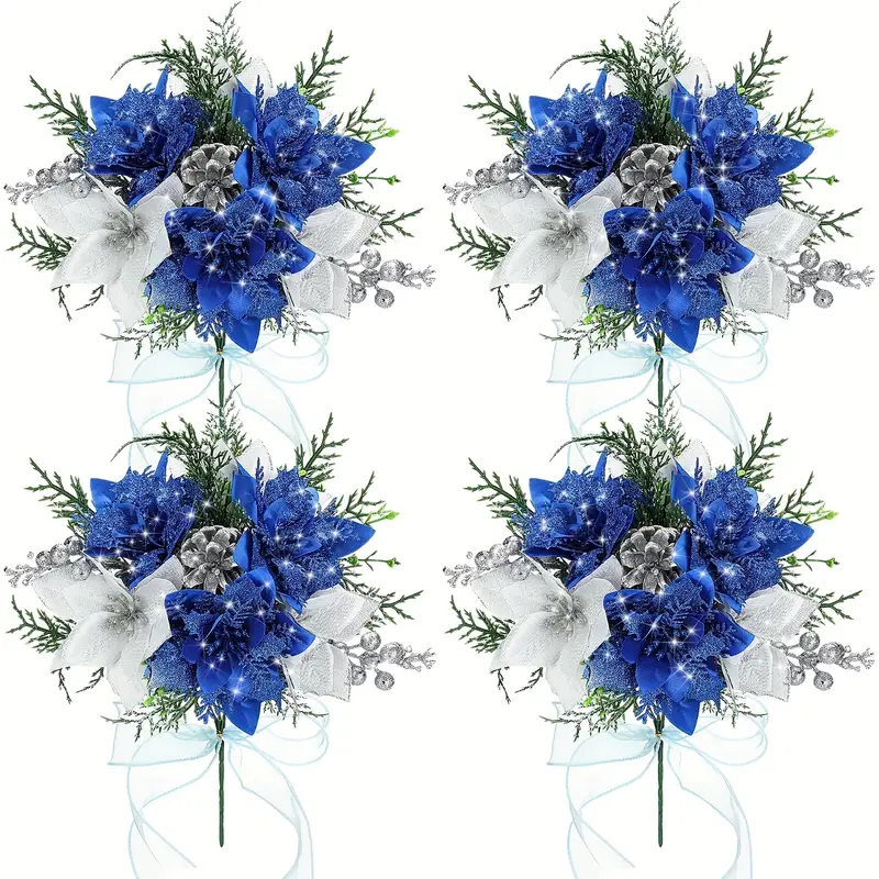 Giegxin Pack de 4 Arbustos Navideños Artificiales de 13.8 Pulgadas con Bayas y Poinsettia
