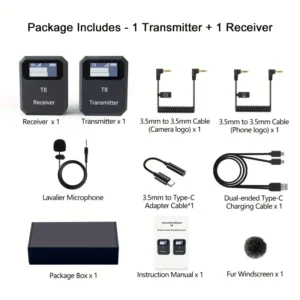 Micrófono de solapa inalámbrico de 2.4GHz, doble transmisor, 48KHz 24Bit, alcance de 30.48 metros, 5 horas de duración