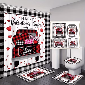 Juego de 4 unid Cortina de Ducha con Diseño de Amor y Borde de Enrejado Feliz Día de San Valentín
