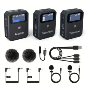 Micrófono de solapa inalámbrico de 2.4GHz, doble transmisor, 48KHz 24Bit, alcance de 30.48 metros, 5 horas de duración