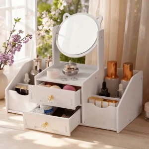 Mesa de Maquillaje con Espejo Redondo y Orejas de Gato de 32 piezas