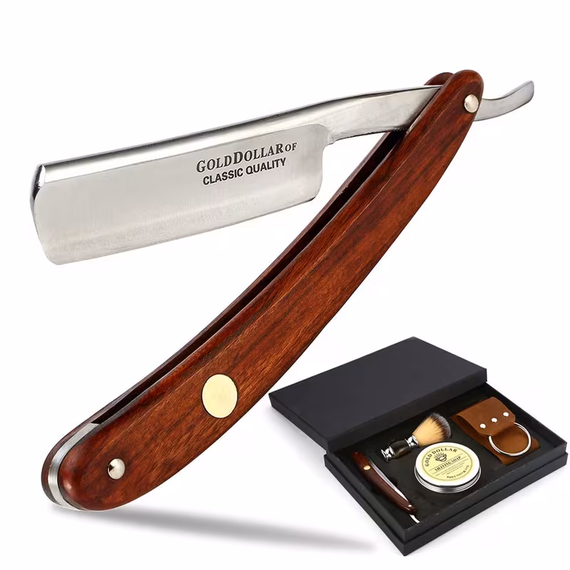 Navaja de Afeitar Recta para Hombre y Barbero con Mango Clásico Retro de Madera con Dólar Dorado