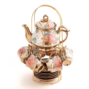 Juego de té de porcelana floral con soporte de metal, tetera de 15 oz/450 ml