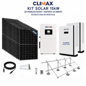 KIT DE PANELES SOLARES 15KW CLIMAX CON BATERIA  / 20 Paneles 600 W