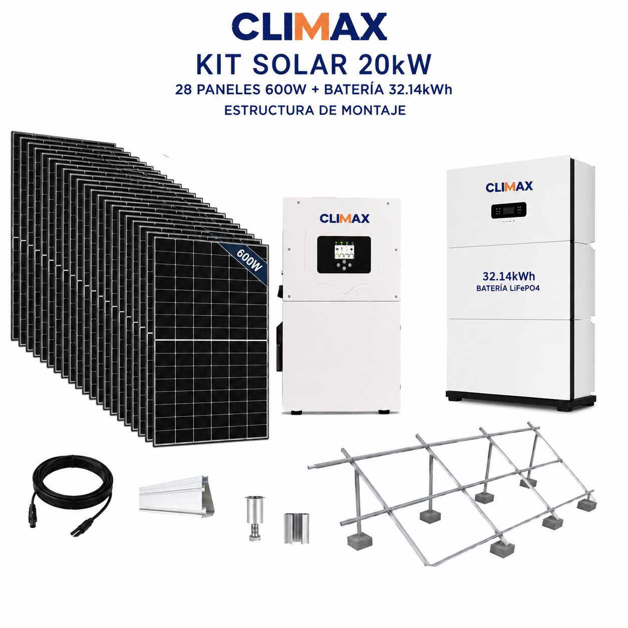 KIT DE PANELES SOLARES 20KW CLIMAX CON BATERIA / 28 Paneles 600 W